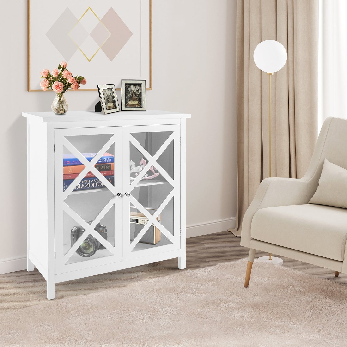 Freestanding Kitchen Buffet Cabinet with Glass Doors and Adjustable Shelf-Brown