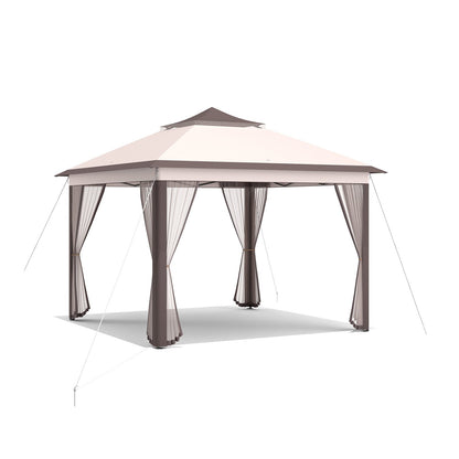 2-Tier 11 x 11 Feet Pop-Up Gazebo Tent Portable Canopy Shelter Carry Bag Mesh-Beige