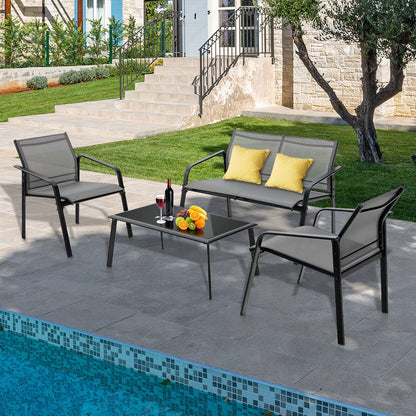 4 Pieces Patio Furniture Set with Armrest Loveseat Sofas and Glass Table Deck-Black