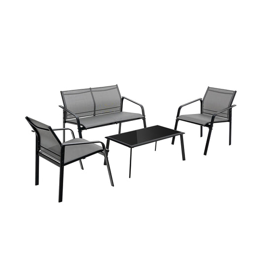 4 Pieces Patio Furniture Set with Armrest Loveseat Sofas and Glass Table Deck-Gray