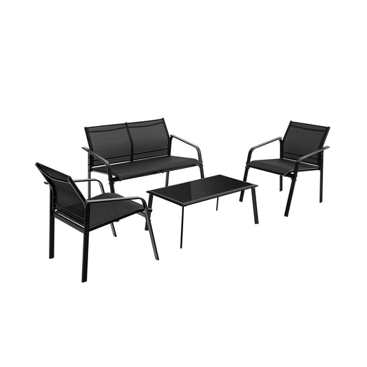 4 Pieces Patio Furniture Set with Armrest Loveseat Sofas and Glass Table Deck-Black