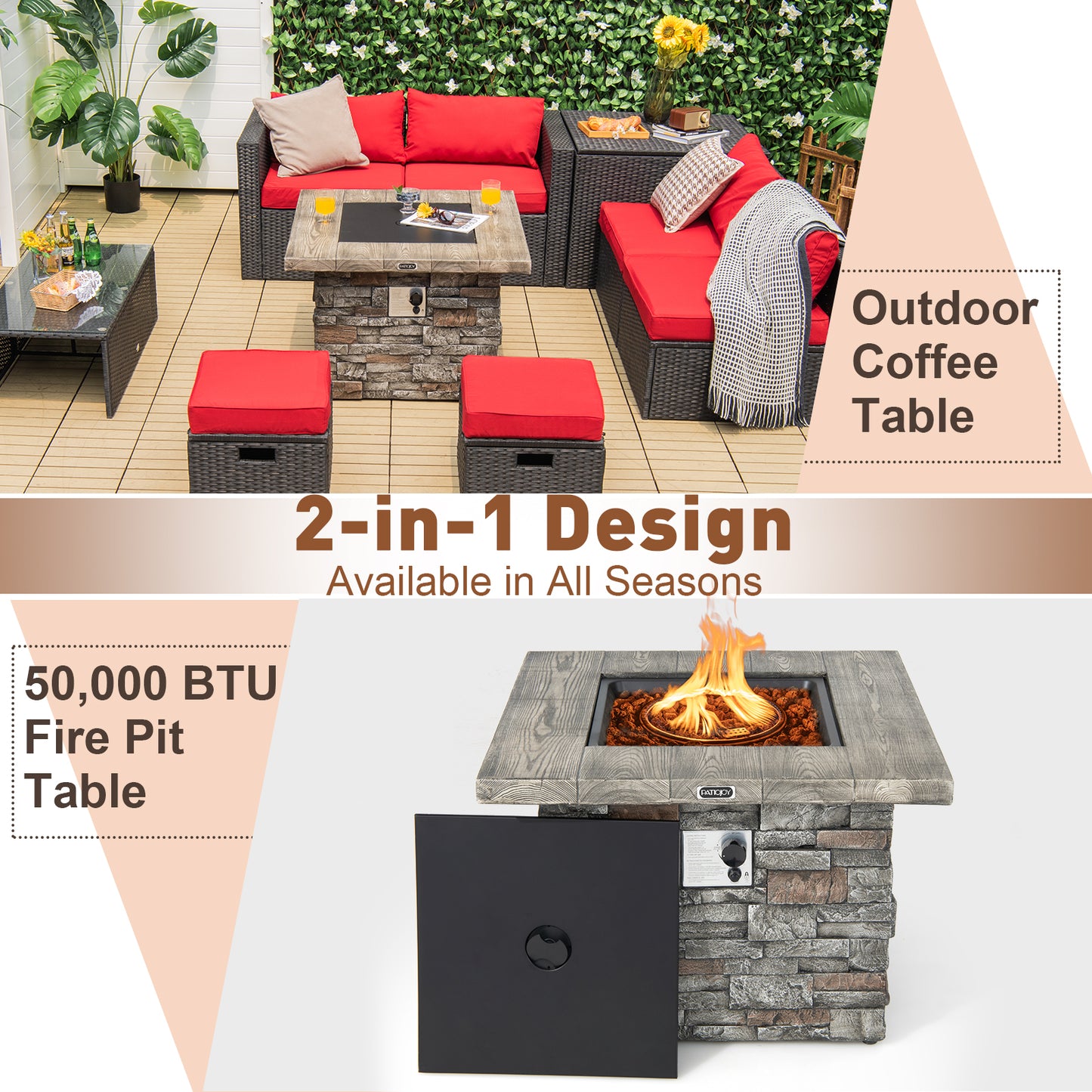 34.5 Inch Square Propane Gas Fire Pit Table with Lava Rock and PVC Cover-Gray