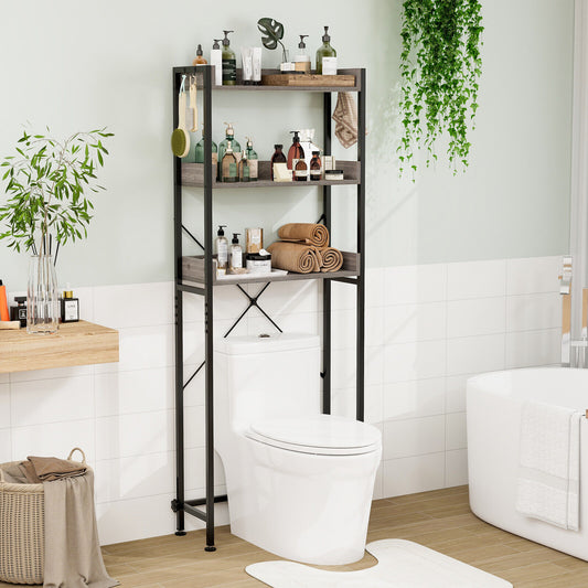 Over The Toilet Storage Rack with Hooks and Adjustable Bottom Bar-Gray
