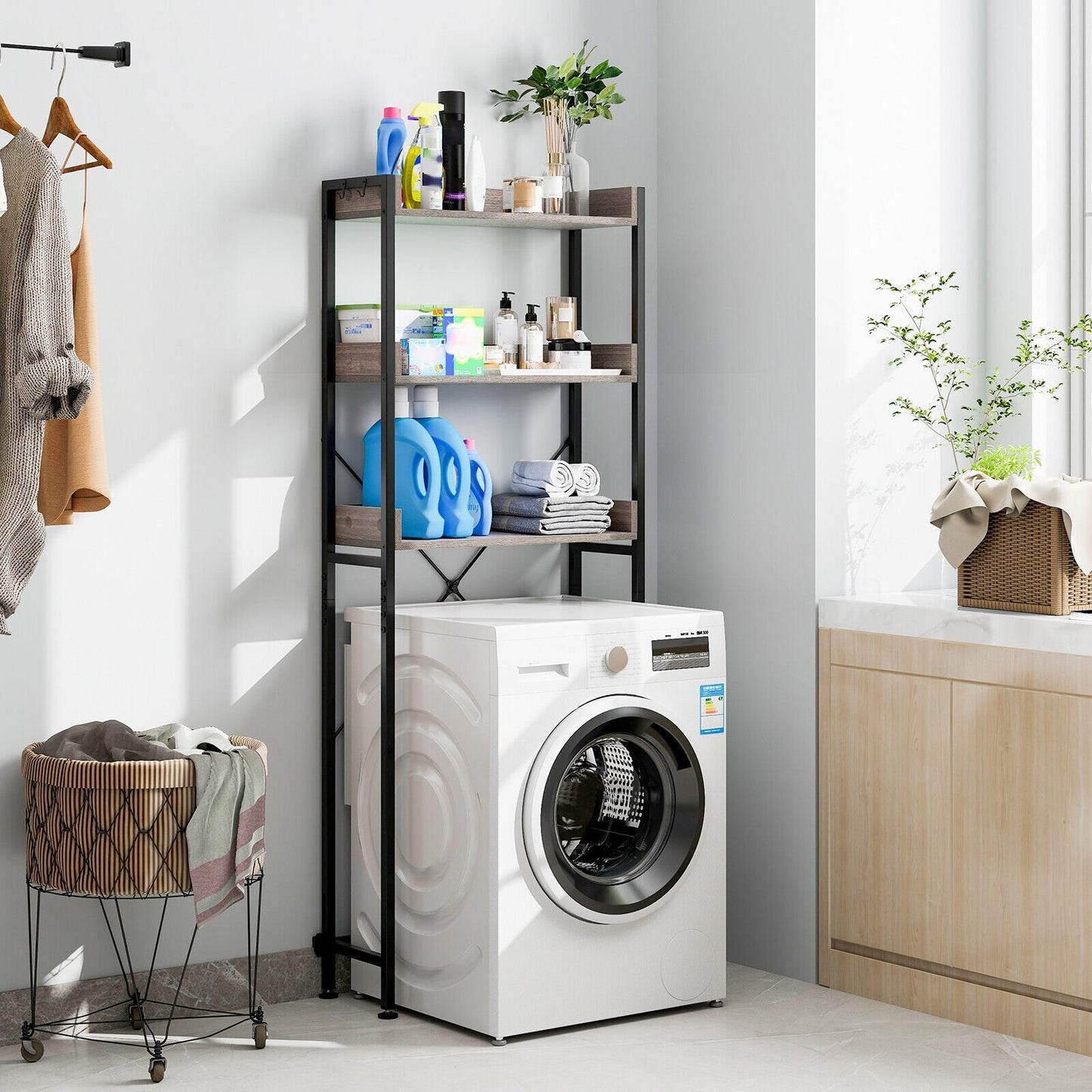 Over The Toilet Storage Rack with Hooks and Adjustable Bottom Bar-Gray