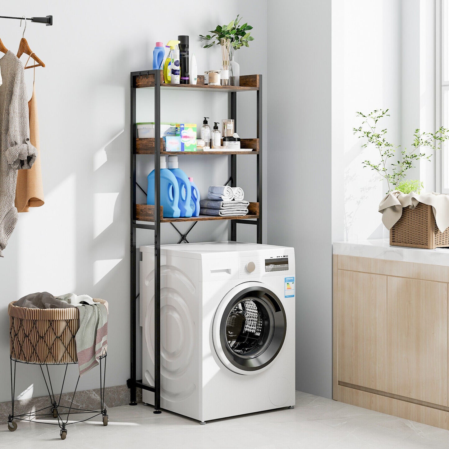 Over The Toilet Storage Rack with Hooks and Adjustable Bottom Bar-Rustic Brown