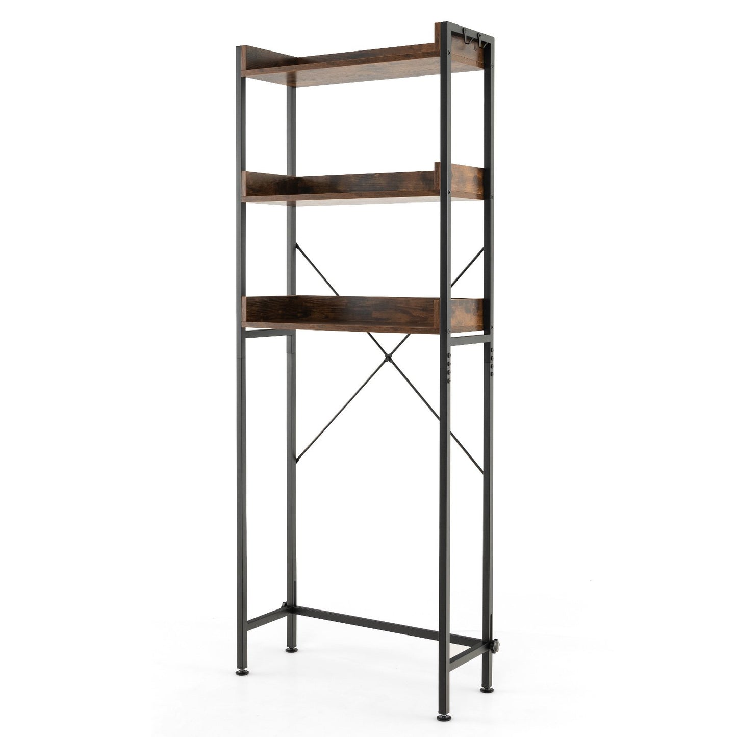 Over The Toilet Storage Rack with Hooks and Adjustable Bottom Bar-Gray