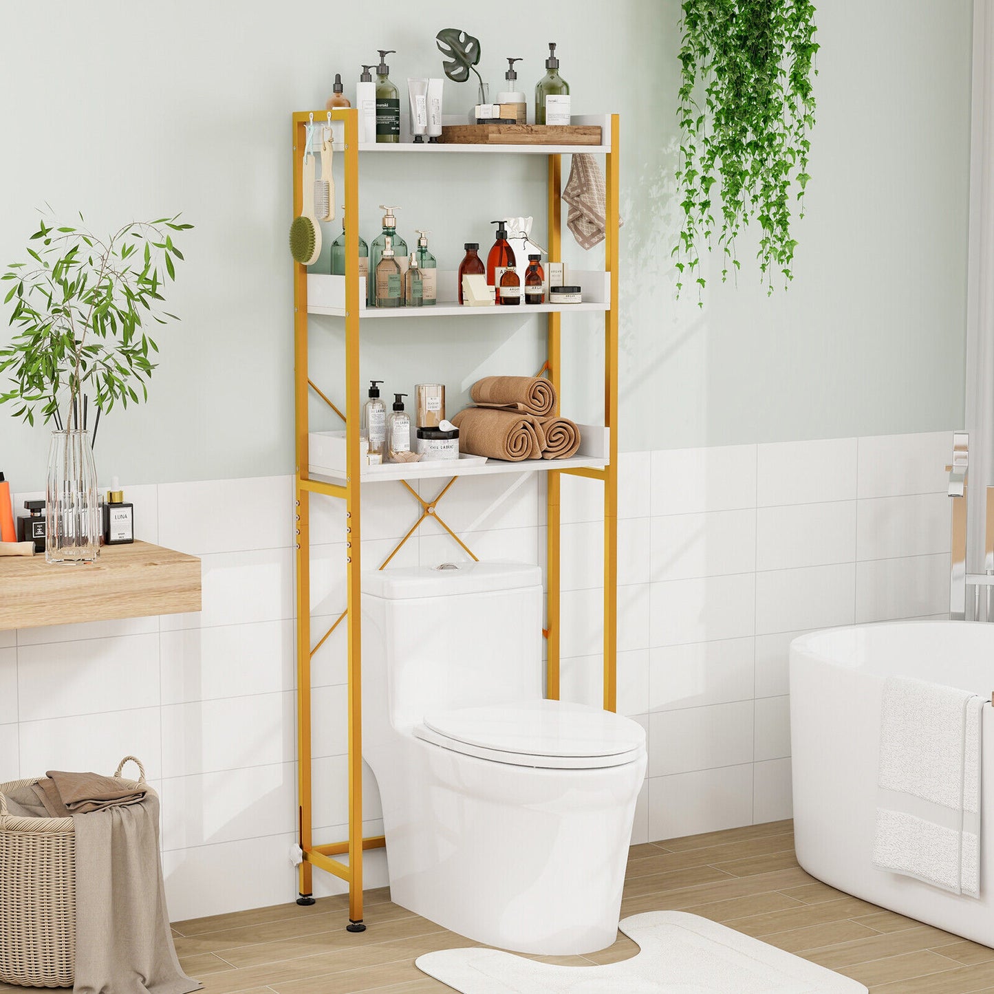 Over The Toilet Storage Rack with Hooks and Adjustable Bottom Bar-White
