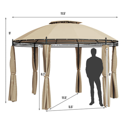 11.5 Feet Outdoor Patio Round Dome Gazebo Canopy Shelter with Double Roof Steel-Brown