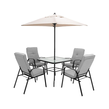 Six-piece outdoor patio dining set with umbrella and stackable cushioned chairs by Wilsons Home Store, perfect for outdoor meals.