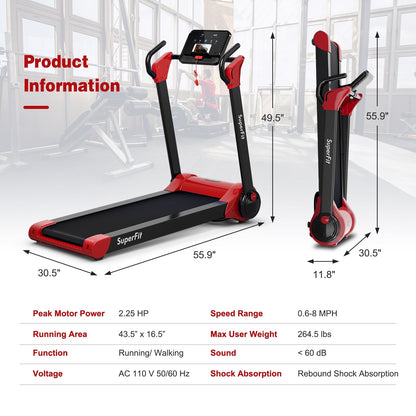 2.25 HP Electric Motorized Folding Running Treadmill Machine with LED Display and APP Control-Red
