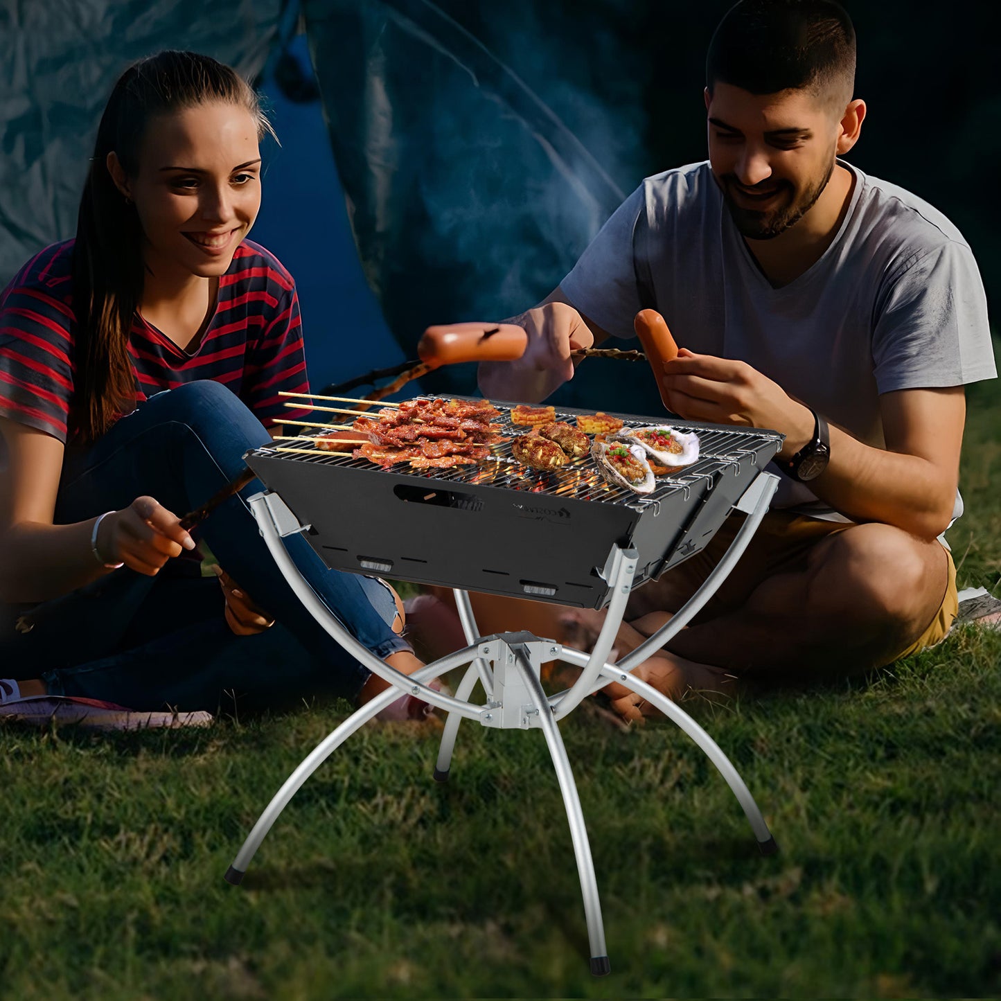 3-in-1 Camping Campfire Grill with Stainless Steel Grills Carrying Bag & Gloves-Silver