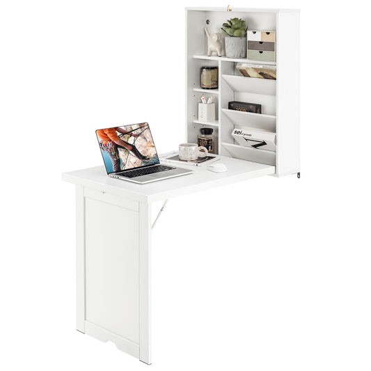 Wall Mounted Fold-Out Convertible Floating Desk Space Saver-White