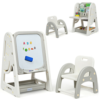 2-in-1 Kids Easel Desk Chair Set Book Rack Adjustable Art Painting Board-Blue