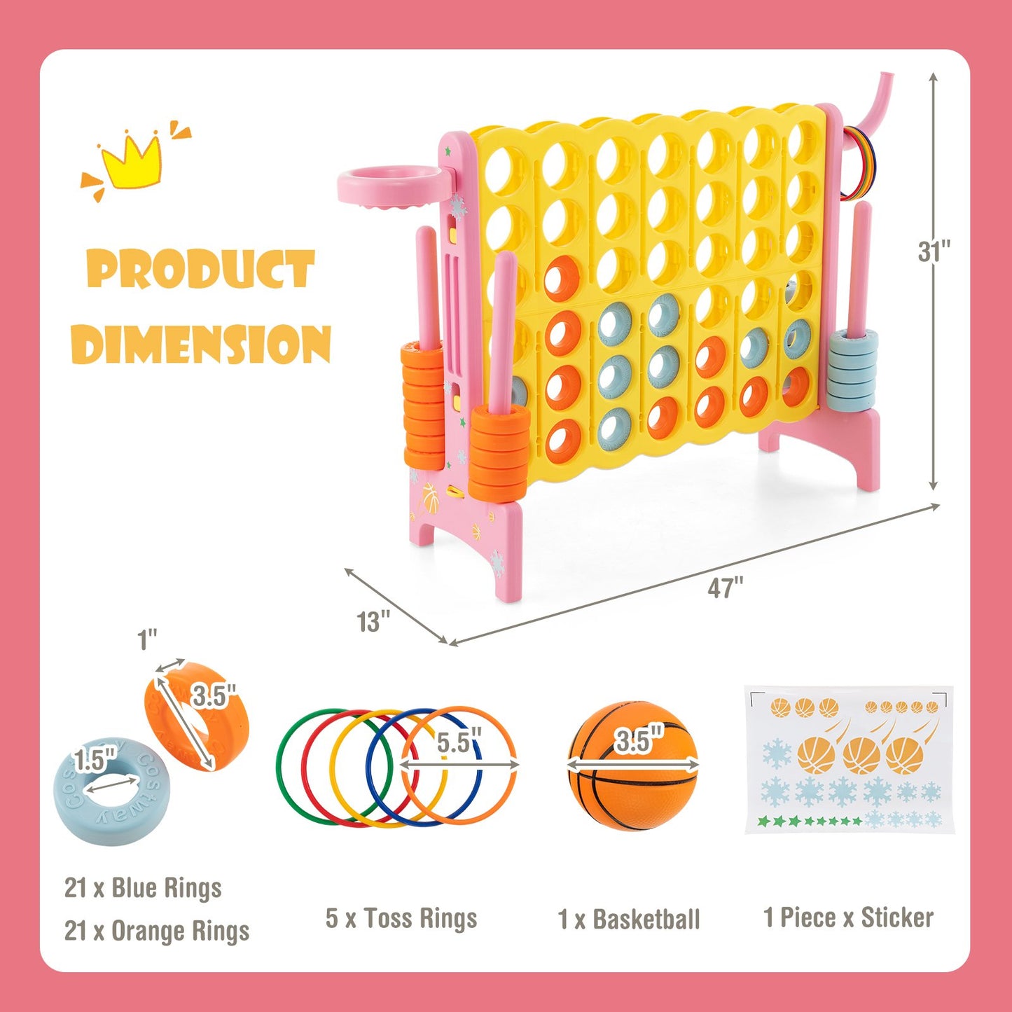 4-in-a-Row Connect Game with Basketball Hoop and Toss Ring-Blue