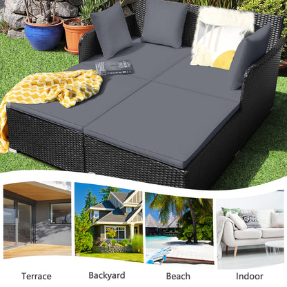 Spacious Outdoor Rattan Daybed with Upholstered Cushions and Pillows-Gray