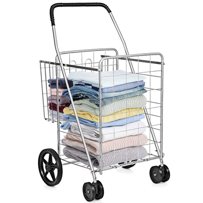 Folding Shopping Cart for Laundry with Swiveling Wheels and Dual Storage Baskets-Black