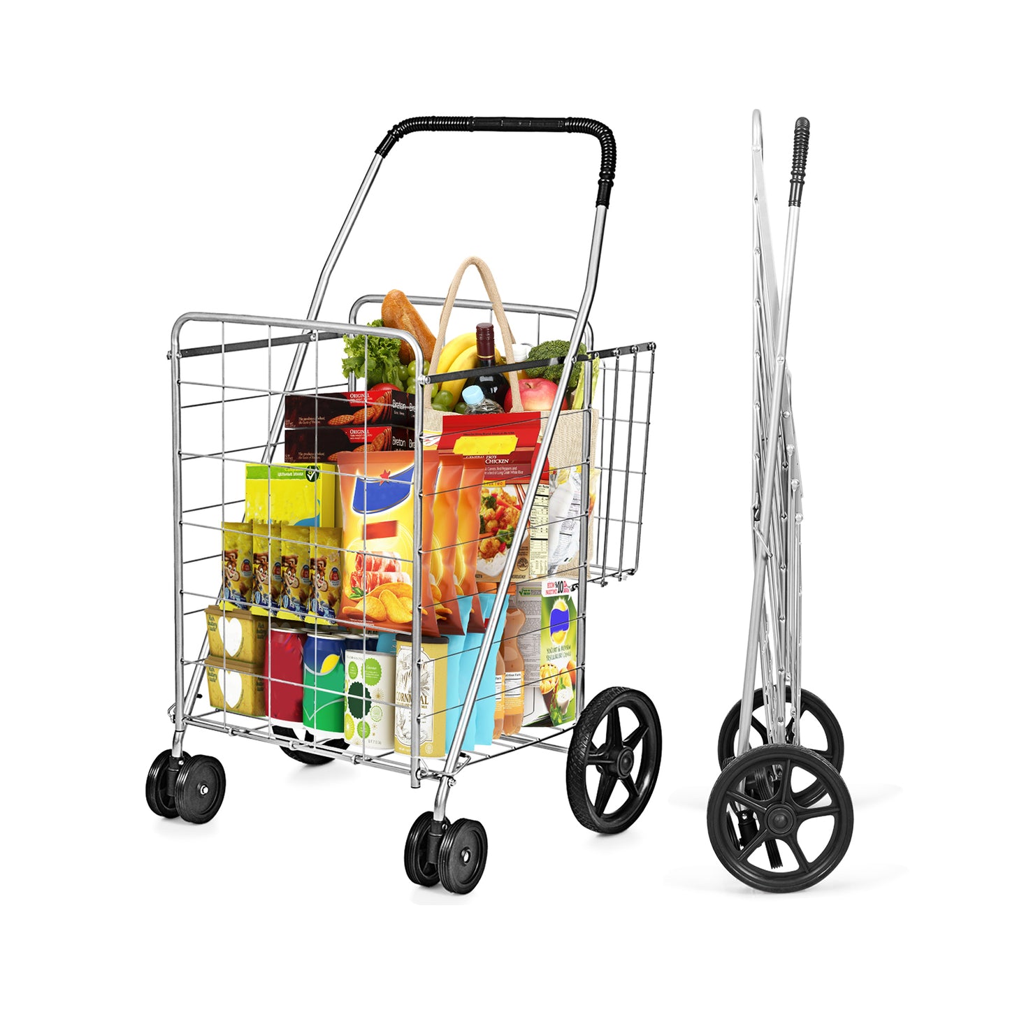 Folding Shopping Cart for Laundry with Swiveling Wheels and Dual Storage Baskets-Sliver