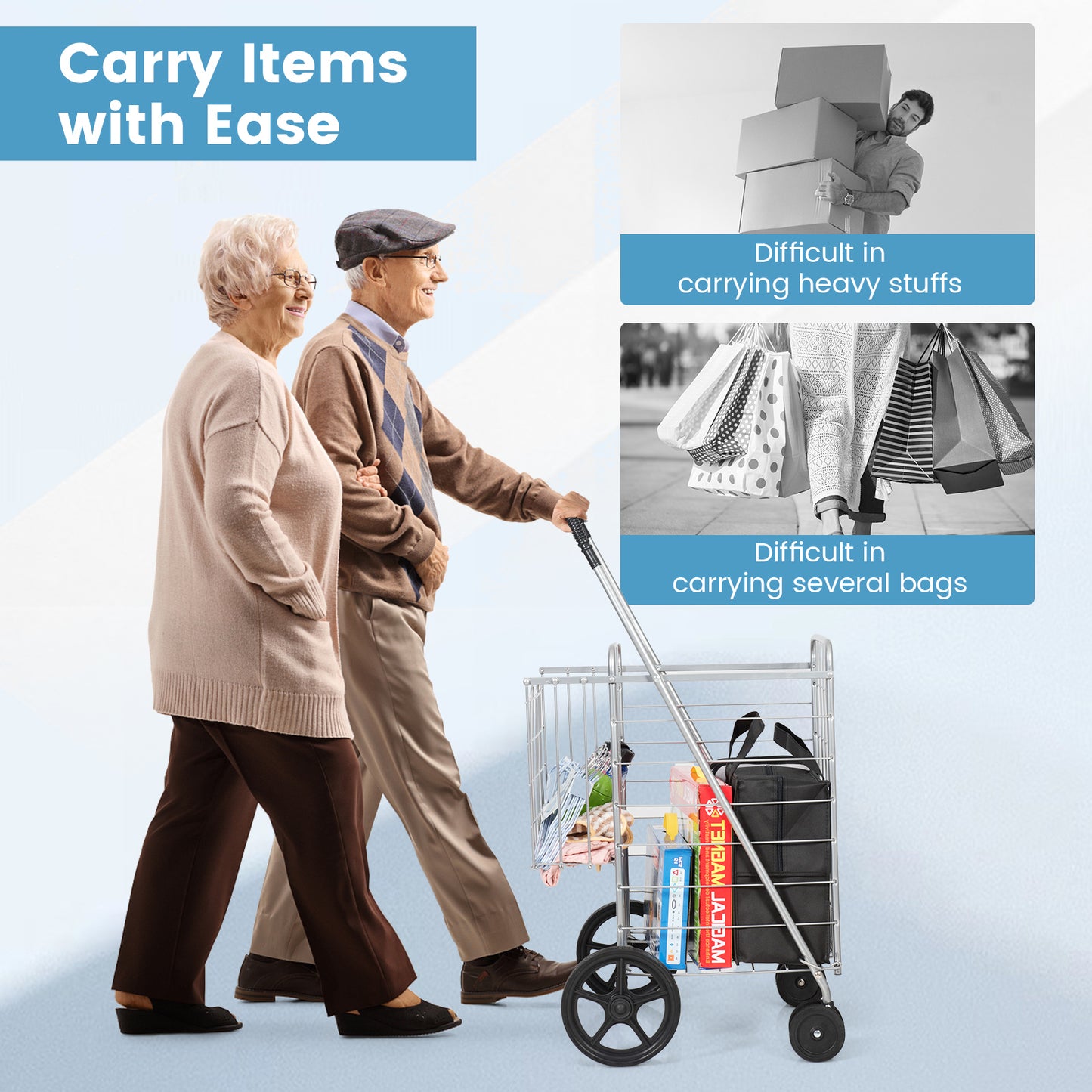 Folding Shopping Cart for Laundry with Swiveling Wheels and Dual Storage Baskets-Sliver