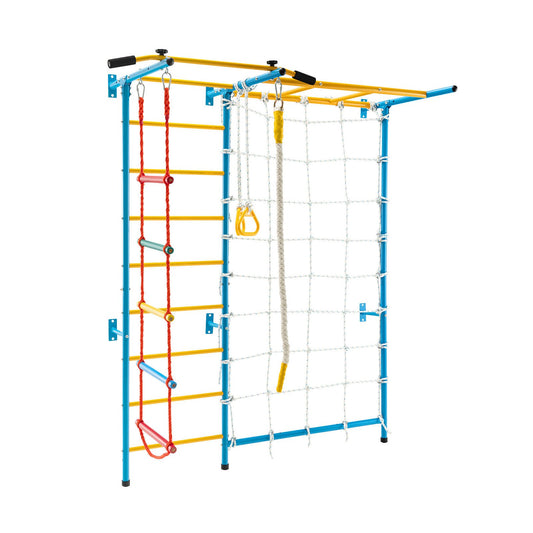 Yellow 7-in-1 kids indoor gym playground with Swedish wall ladder on solid wall, suitable for climbing and active play.