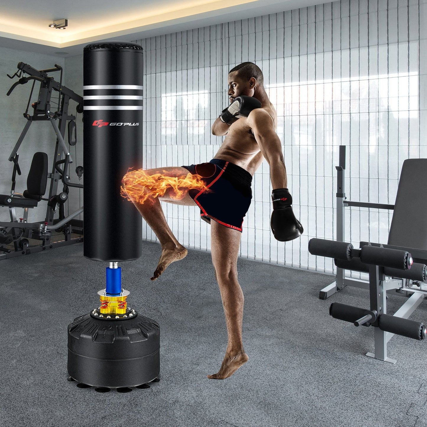 70-inch freestanding boxing punching bag with 12 suction cup base, ideal for boxing and martial arts training.