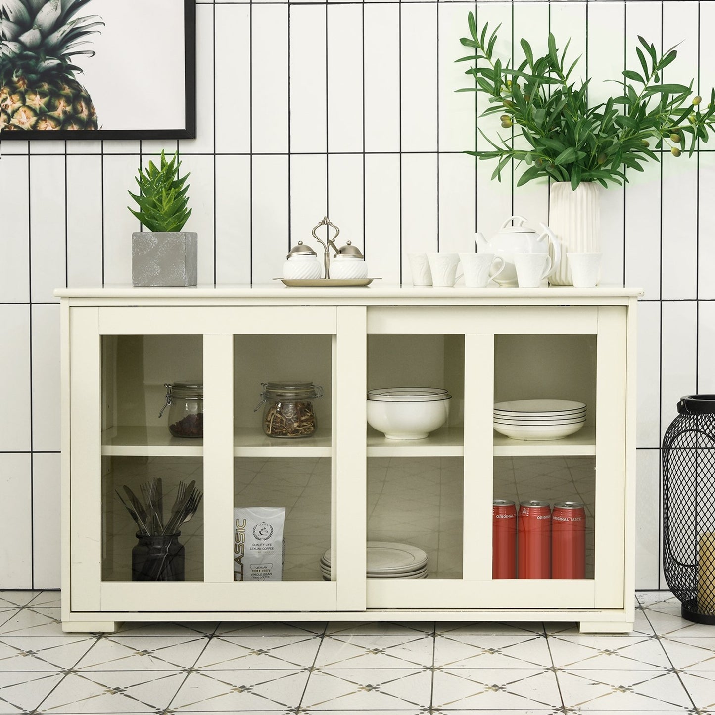 Kitchen Storage Cabinet with Glass Sliding Door-Black