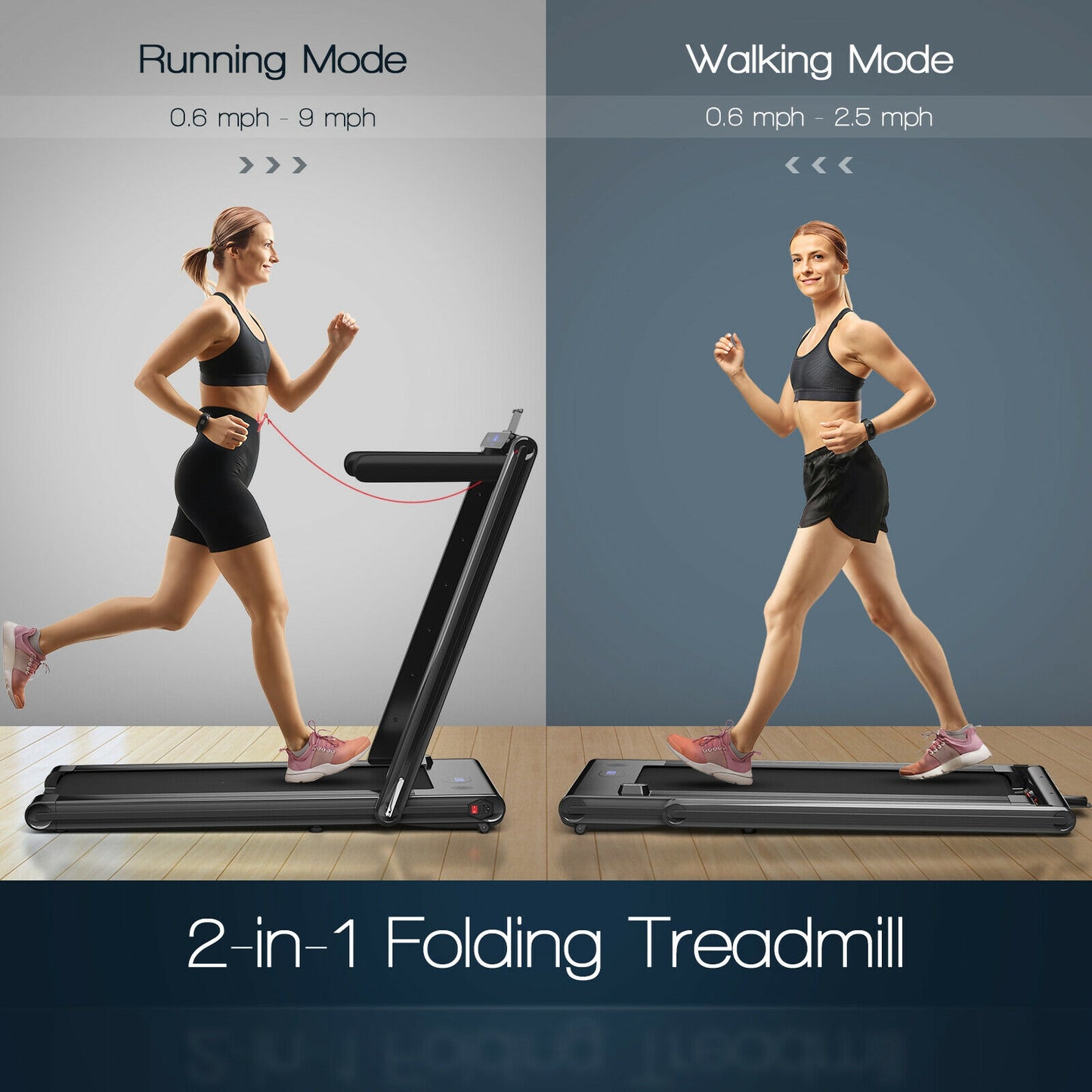 2-in-1 Folding Treadmill 2.25HP Jogging Machine with Dual LED Display-Black