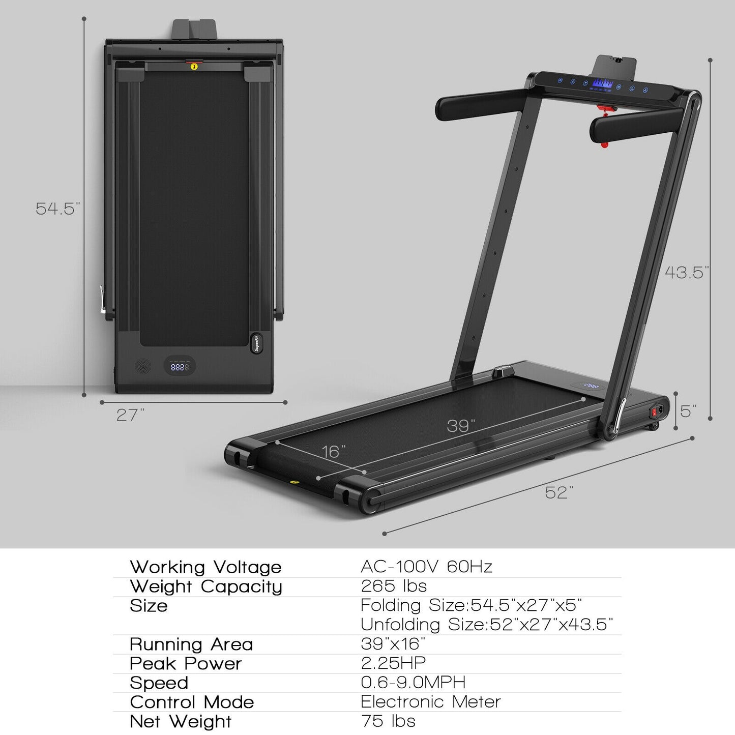 2-in-1 Folding Treadmill 2.25HP Jogging Machine with Dual LED Display-Black