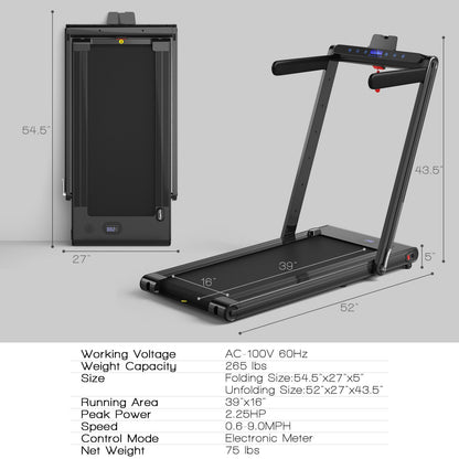 2-in-1 Folding Treadmill 2.25HP Jogging Machine with Dual LED Display-Black