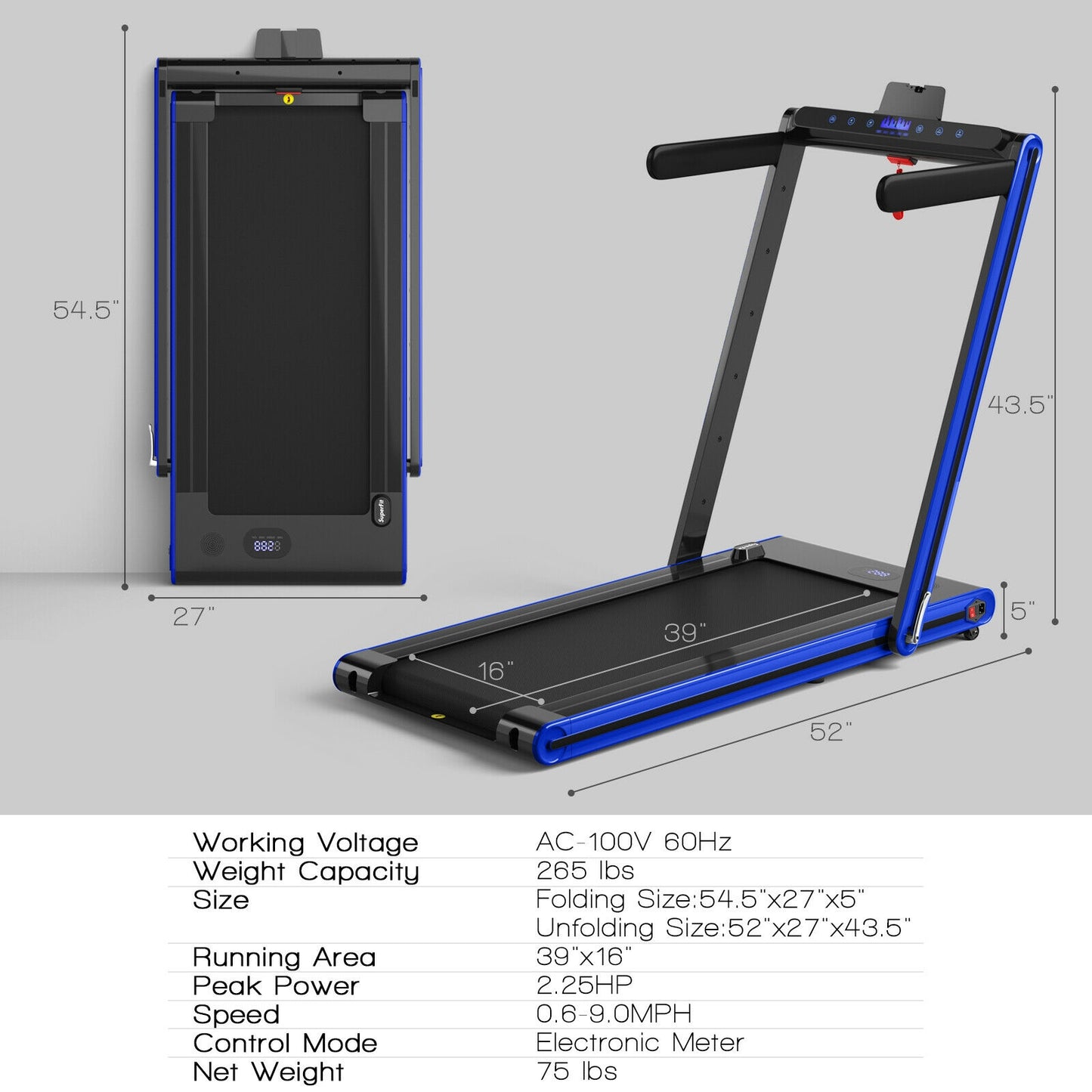 2-in-1 Folding Treadmill 2.25HP Jogging Machine with Dual LED Display-Navy