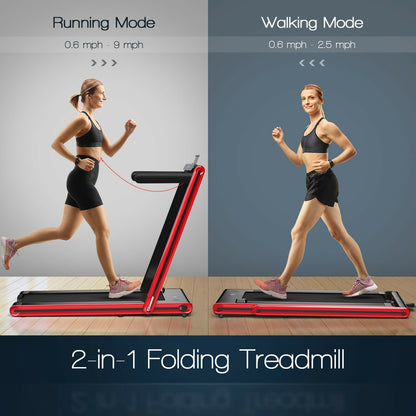 2-in-1 Folding Treadmill 2.25HP Jogging Machine with Dual LED Display-Red