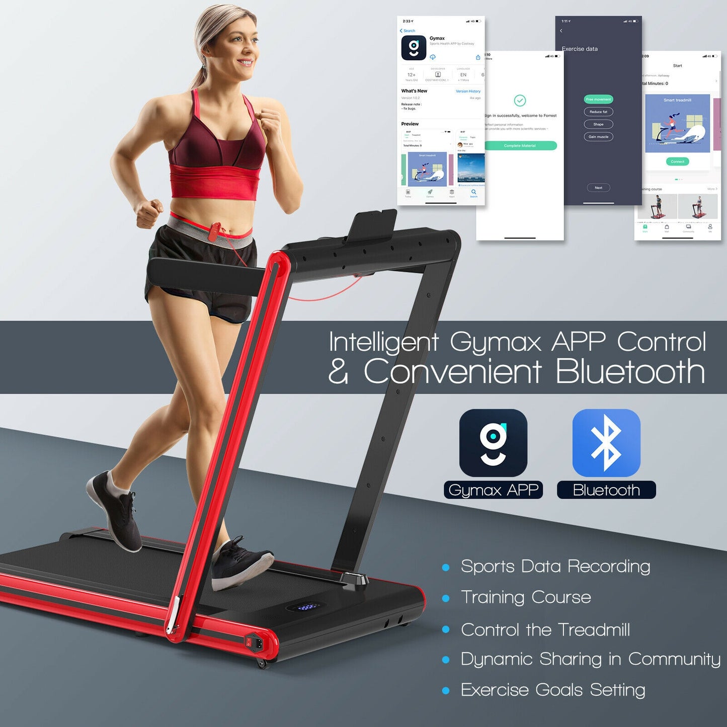 2-in-1 Folding Treadmill 2.25HP Jogging Machine with Dual LED Display-Red