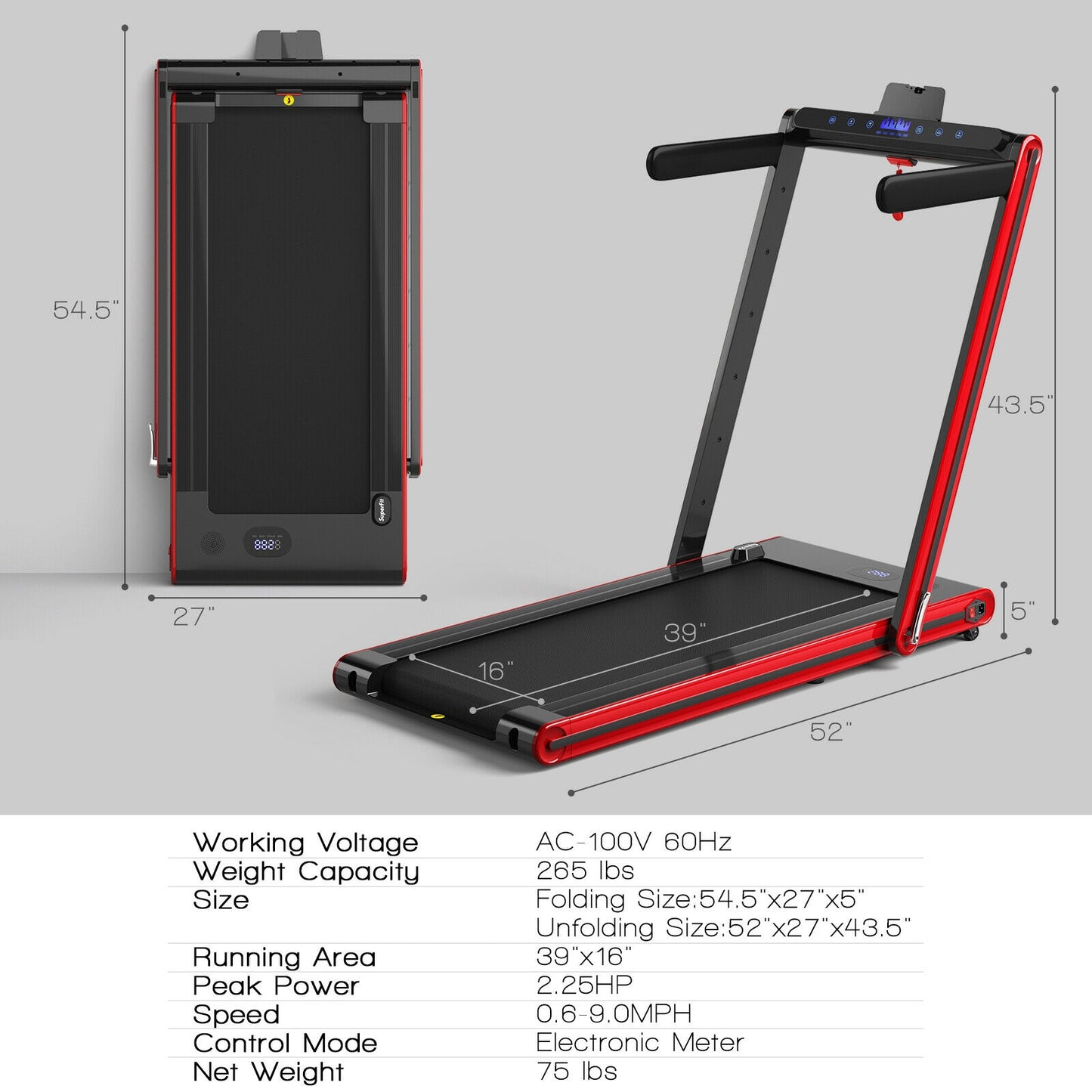 2-in-1 Folding Treadmill 2.25HP Jogging Machine with Dual LED Display-Red