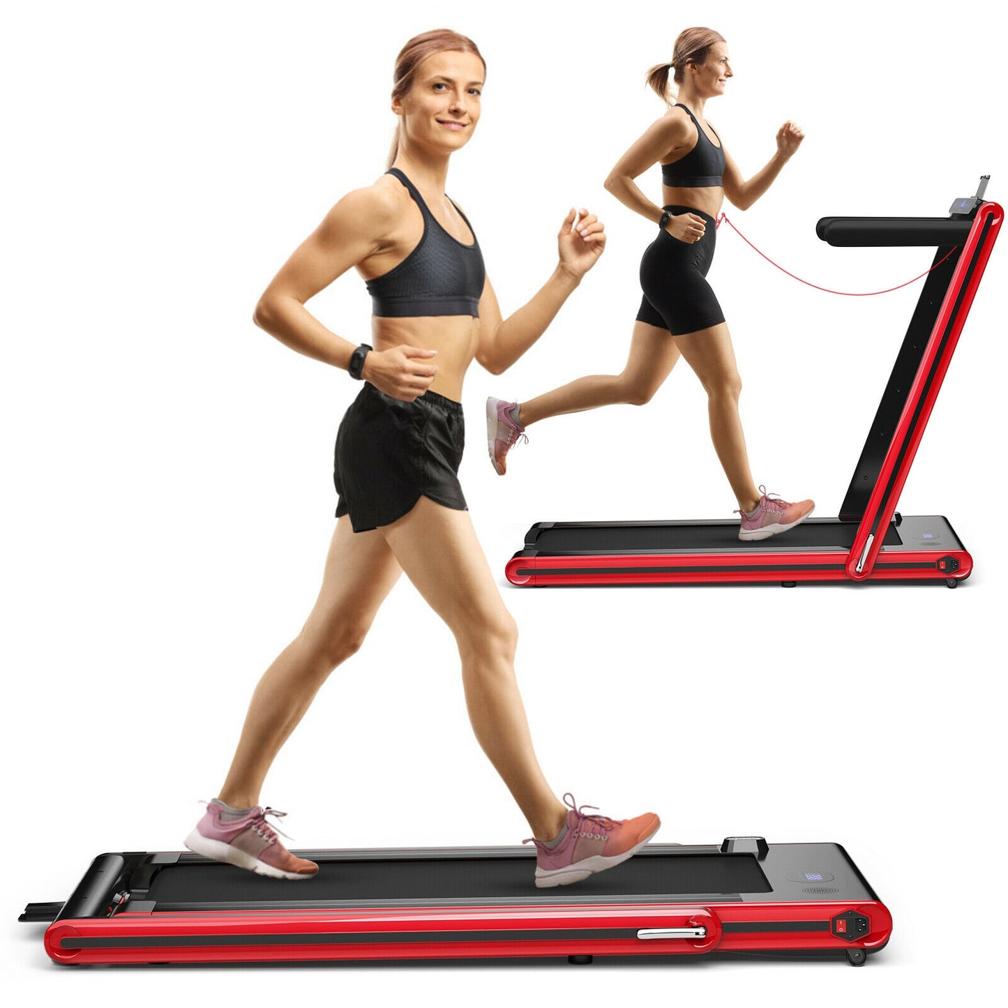 2-in-1 Folding Treadmill 2.25HP Jogging Machine with Dual LED Display-Red
