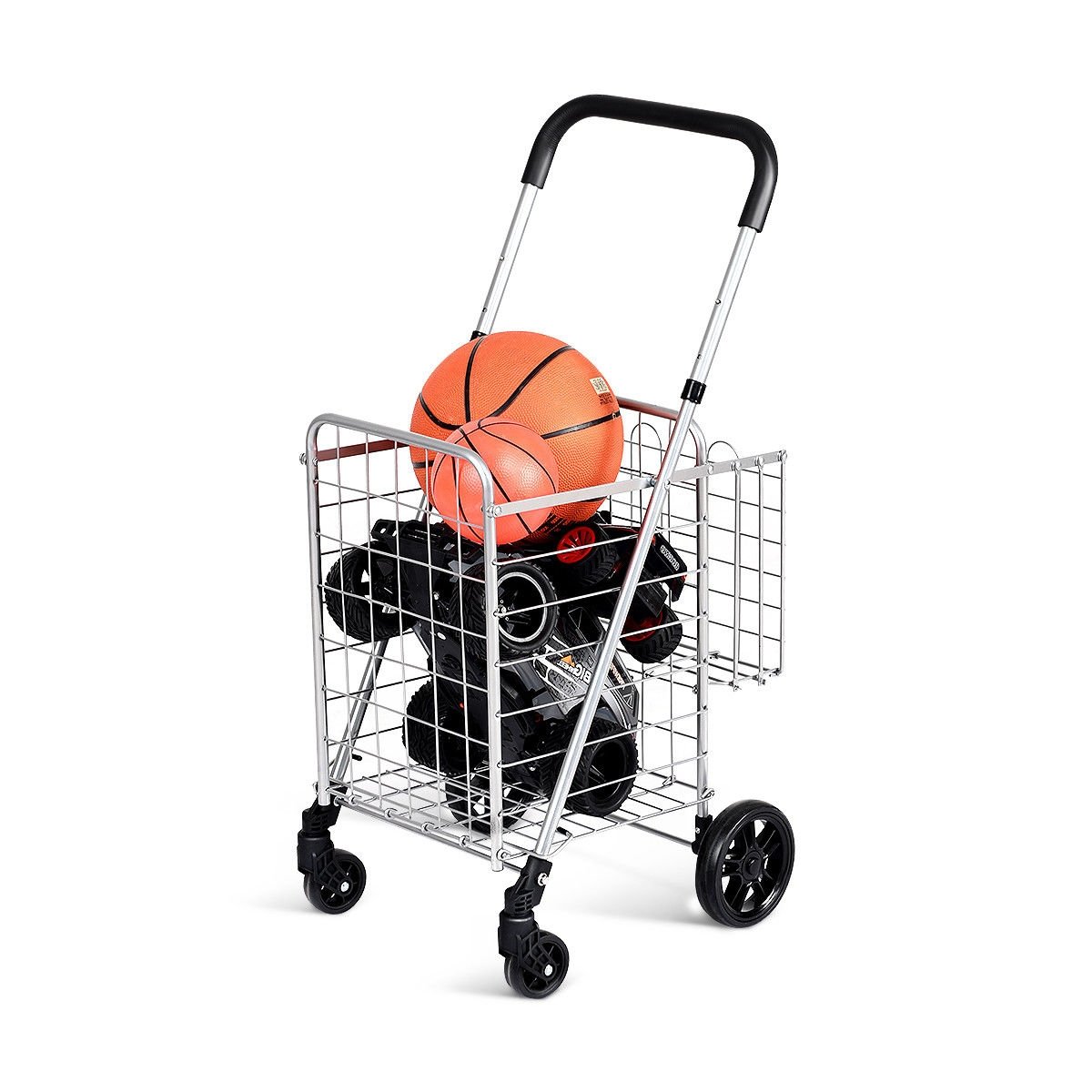 Folding Shopping Cart Basket Rolling Trolley with Adjustable Handle-Silver