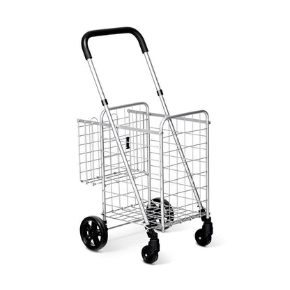 Folding Shopping Cart Basket Rolling Trolley with Adjustable Handle-Silver