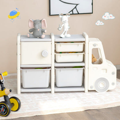 Toddler Truck Storage Organizer with Plastic Bins-Beige