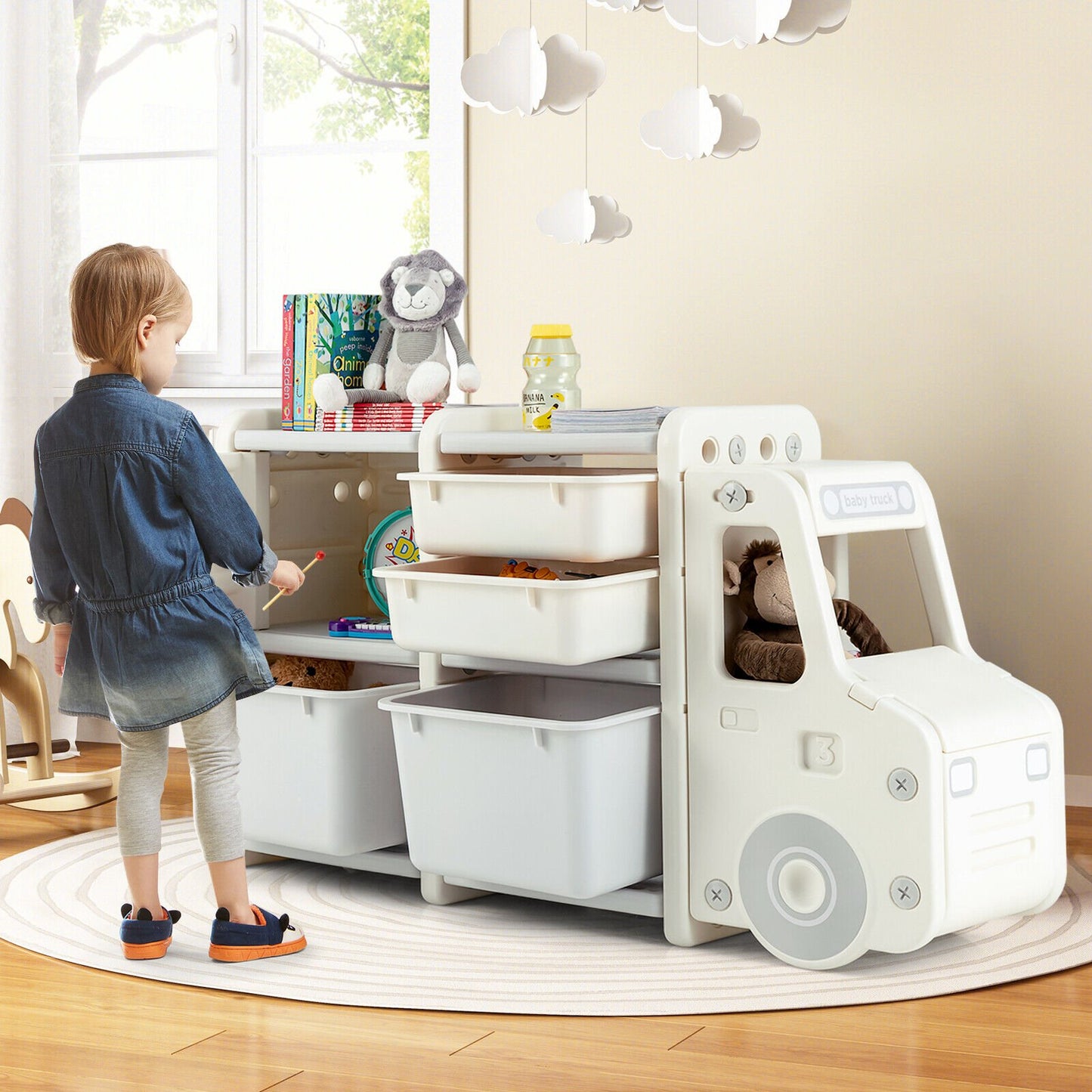 Toddler Truck Storage Organizer with Plastic Bins-Beige