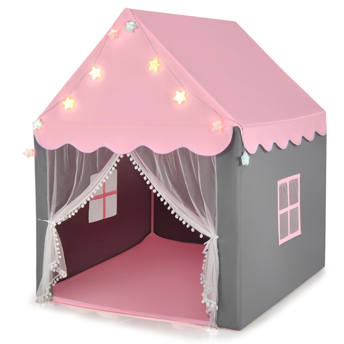 Kids Playhouse Tent with Star Lights and Mat-Beige