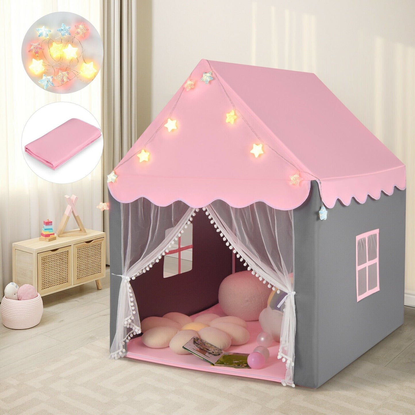 Kids Playhouse Tent with Star Lights and Mat-Beige