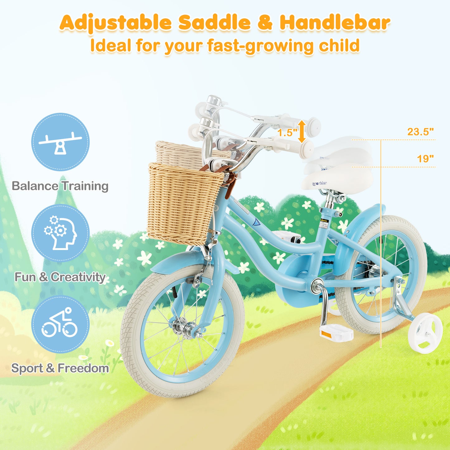 14-Inch Kids Bike with Training Wheels and Adjustable Handlebar Seat-Blue