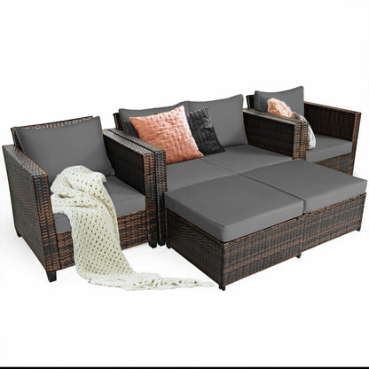 5 Pieces Patio Cushioned Rattan Furniture Set-Gray