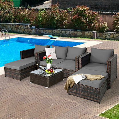 5 Pieces Patio Cushioned Rattan Furniture Set-Gray