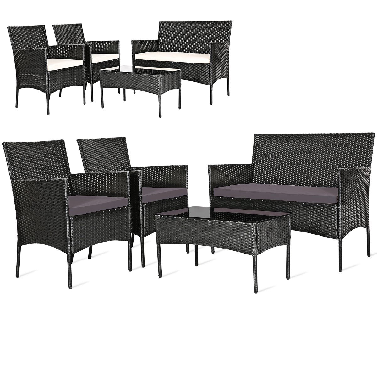 4 Pieces Patio Rattan Cushioned Sofa Set with Tempered Glass Coffee Table-Gray