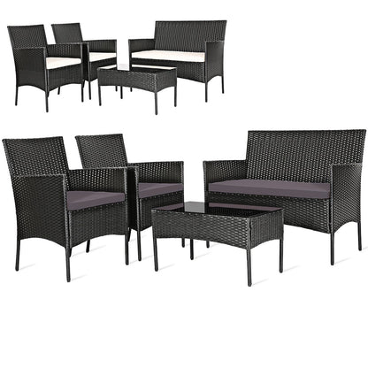 4 Pieces Patio Rattan Cushioned Sofa Set with Tempered Glass Coffee Table-Gray