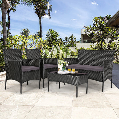 4 Pieces Patio Rattan Cushioned Sofa Set with Tempered Glass Coffee Table-Gray