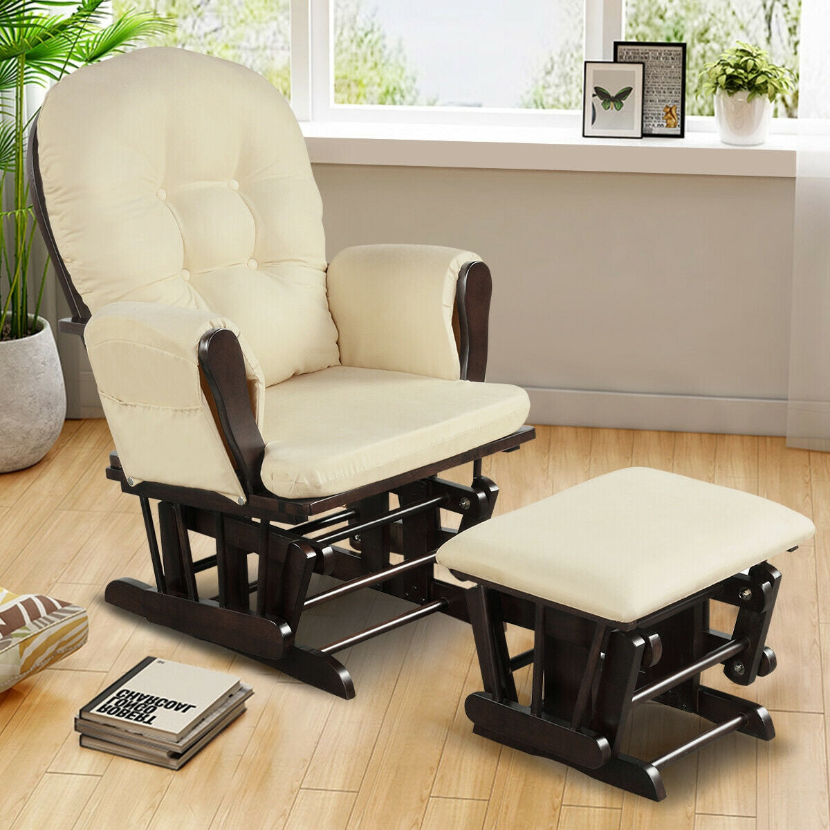 Wood Glider and Ottoman Set with Padded Armrests and Detachable Cushion-Beige