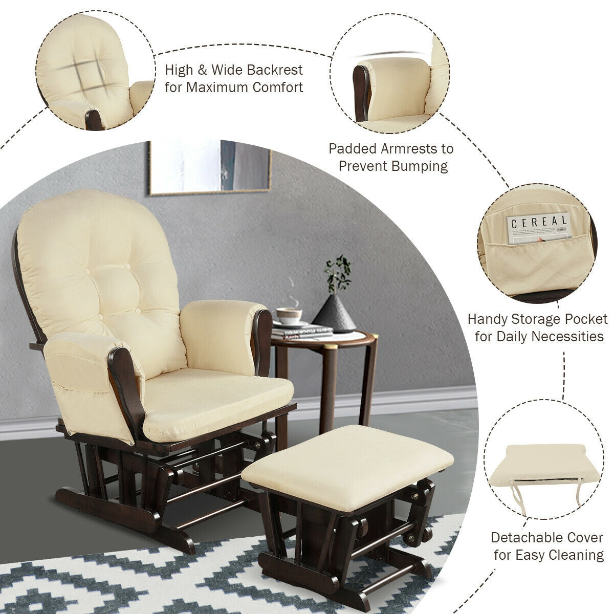 Wood Glider and Ottoman Set with Padded Armrests and Detachable Cushion-Beige