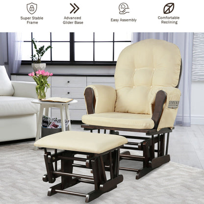 Wood Glider and Ottoman Set with Padded Armrests and Detachable Cushion-Beige