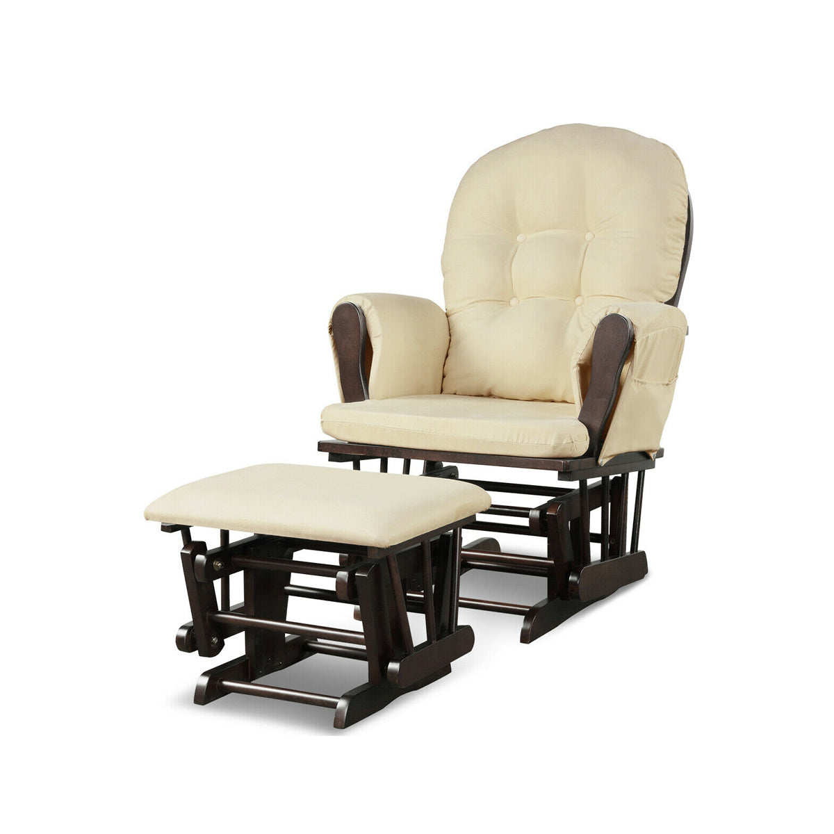 Wood Glider and Ottoman Set with Padded Armrests and Detachable Cushion-Beige