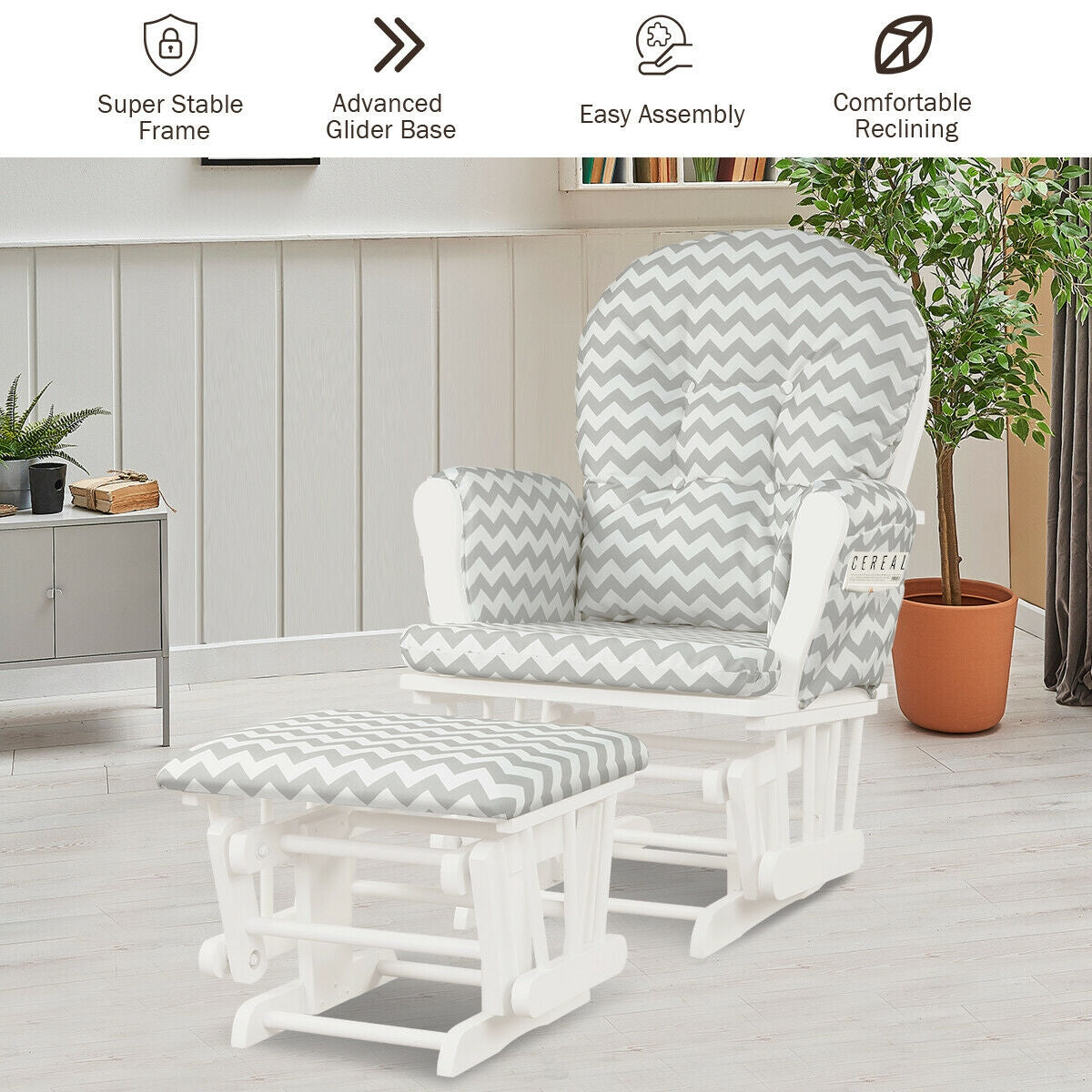 Wood Glider and Ottoman Set with Padded Armrests and Detachable Cushion-Gray and White